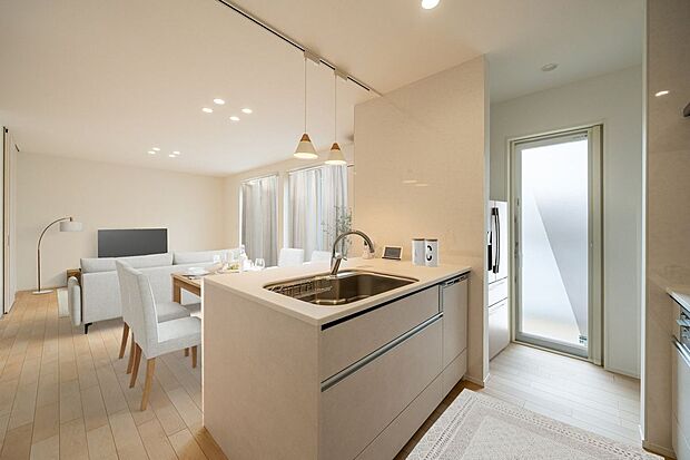 【キッチン】■3号地キッチン　3号地のキッチンには食器洗浄乾燥機を完備。スイッチひとつで乾燥まで完了するので、家事の負担が減り、ご家族との時間が増えますね。※CG合成で家具設置