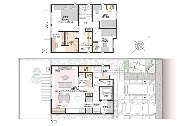 【3LDK】南西向きリビングに、使い勝手の良いセパレートキッチンと約1.2帖のキッチンクロークを配置。1階にはおでかけクロークとお掃除ベース、2階にはファミリークロークを備えた収納充実の間取りです。