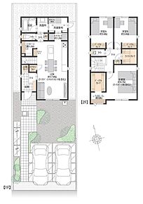 南向きリビングに、使い勝手の良いセパレートキッチンとキッチンクロークを配置。1階にはおでかけクローク、2階にはファミリークロークを備えた収納充実の間取りです。 
