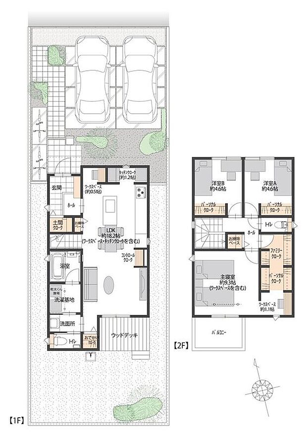 【3LDK】駐車2台可能（車種による）で来客時も安心。2面採光のLDKは明るく開放的で、カウンターキッチンが家族の会話を育みます。主寝室にはパーソナルクロークを備え、収納も豊富な設計です。