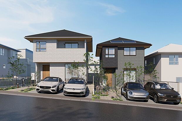 ■1号地・2号地外観(パース)積水ハウス ノイエは標準仕様で「ZEH基準をクリア」しています。さらに、高断熱樹脂サッシとLow-E複層ガラスで、 高い断熱性と快適性を実現しました。