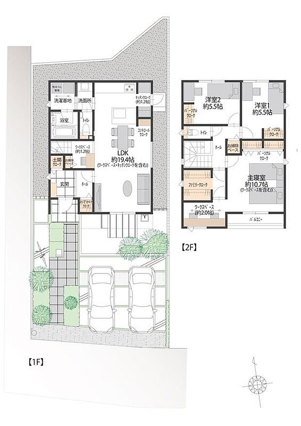 【3LDK】南向きリビングに、使い勝手の良いセパレートキッチンとキッチンクロークを配置。1階ホールにはおでかけクローク、2階にはファミリークロークを備えた収納充実の間取りです。