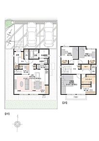約19.7帖の南向きLDK。LDには床暖房が備えられています。1階・2階ともにワークスペースがあります。2台駐車可能（車種による） 