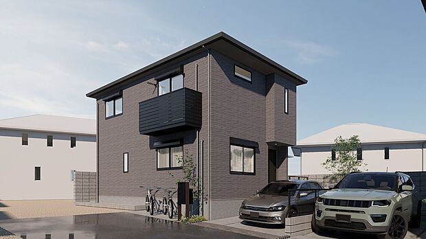 ■2号地外観(パース)太陽光パネル設置。敷地内には屋外水栓を設置。1台駐車可能です(車種による)