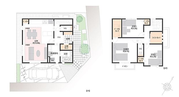 【3LDK】約15.9帖のLDK。LDには床暖房が備えられています。パーソナルクローク、土間クロークなどの収納があります。1台駐車可能(車種による)