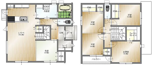 ご家族が集う開放的な約16帖のLDKに約4.5帖の和室を備え、明るくゆとりある暮らしを叶える5LDK2階建て。 約3帖の洗面室や約2帖のウォークインクローゼットを備え、収納力も充実しています。