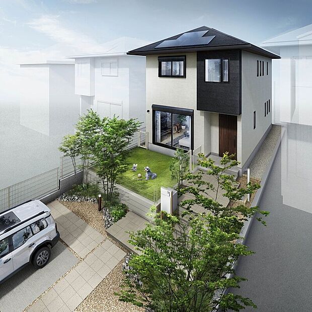 ■２号地外観（パース）愛犬の動きや習性にも配慮しながら、人と犬が心地よく暮らせる空間を丁寧にデザイン。愛犬との何気ない日常が、この住まいでは、より安心で快適な時間へと変わっていきます。