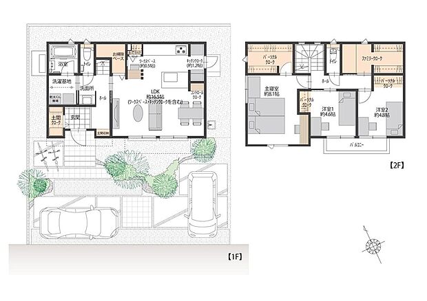 【3LDK】LDK16.5帖の広々スペースを備え、収納豊富なパントリーやファミリークローク、在宅に便利なワークスペースも完備。車2台分の駐車スペース付きで、家族の快適な暮らしを支える住まいです。