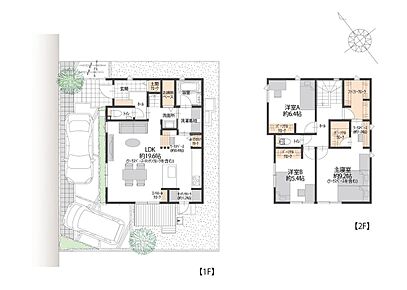 ■9号地間取図
9号地は1階にリビングと水回り、2階に洋室3部屋のある3LDK。2階約9.1帖の主寝室には、ワークスペースがございます。家事机、PCデスクなど様々な用途でお使いいただけます。 