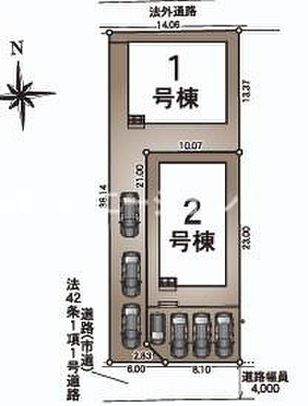 全体区画図から各棟の配置や駐車スペースの様子が分かります。敷地内の道路幅が記載されており車の出入りも確認しやすい設計です。各住居の敷地形状や建物間の距離感もお伝えできます。