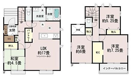 1階には使い勝手の良い和室やパントリーがあり生活しやすい動線が魅力です。LDKは広々とした約17畳で開放的な空間が広がっています。 