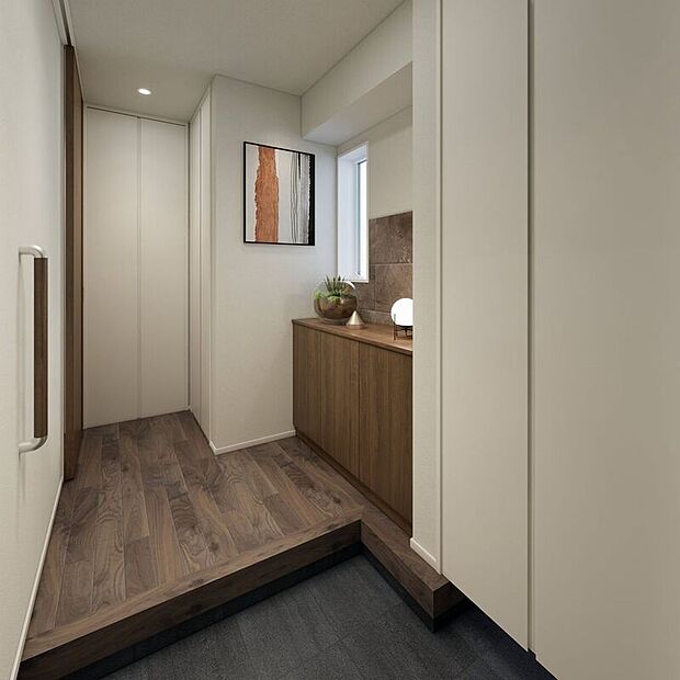 ■3号地玄関(パース)土間クロークには靴だけでなく、傘やスポーツ用品など、玄関に置きがちな物を収納できます。