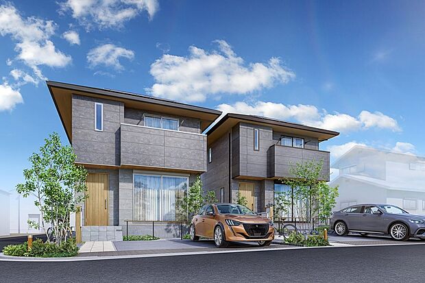 ■１・２号地外観（パース）　いつまでも飽きのこない、愛着を感じる家となるよう、均整の取れたシルエットと、自然な色合いのデザインを施しています。2台駐車可能です。(車種制限有)