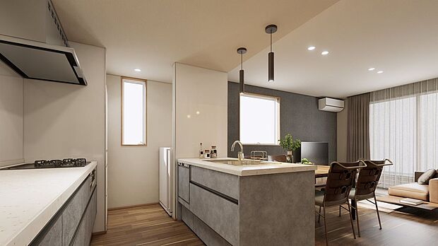 ■２号地キッチン（パース）　グレーのキッチン。リビングを見渡せるカウンターキッチンなら、ご家族との会話を楽しみながら料理ができます。深型食器洗浄乾燥機があります。