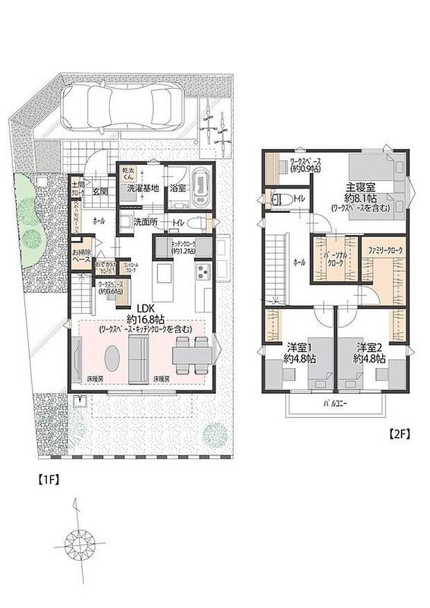 【3LDK】ファミリークローク、お掃除ベース、おでかけクローク、キッチンクロークなど、収納が充実しています。リビングと主寝室にワークスペースがあり、テレワークや読書のスペースなどにご活用いただけます。