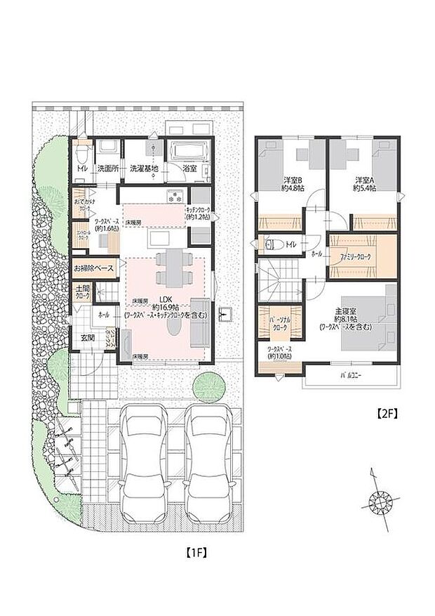 【3LDK】【１号地】ファミリークローク、おでかけクローク、キッチンクローク、土間クロークなどの収納が備わっています。主寝室にはワークスペースがあり、テレワークや読書のスペースなどにご活用いただけます。