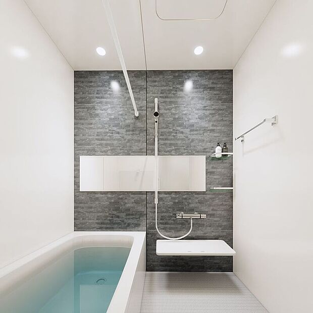 【完成予想図（内観）】■１号地浴室（パース）　ライトグレーで統一された浴室です。ワイドミラーが奥行きを演出し、ゆったりとした印象を与えます。