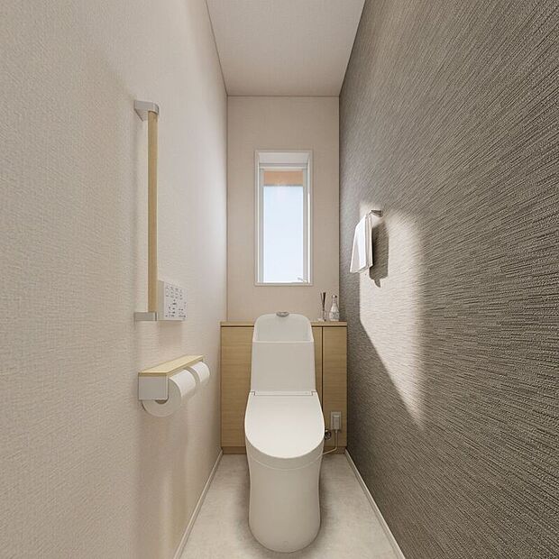 【完成予想図（内観）】■１号地2階トイレ（パース）　トイレはリモコンで操作可能です。トイレ本体に直接触れる必要がなく、手すり付きで、立ち上がるときも安心です。