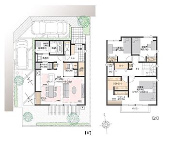 キッチン横づけのダイニングで家事動線がスムーズ。2階のファミリークロークはホール・主寝室の両方からアクセス可能で使いやすく、主寝室にはワークスペースも備え、暮らしやすさと機能性を両立した間取りです。 