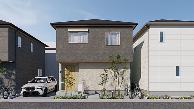 【外観パース図】■2号地外観(パース) 高断熱樹脂サッシとLow-E複層ガラスで、 高い断熱性と快適性を実現。 夏は日射熱をお家に入れず、冬はお家丸ごと暖かく。不快な結露も抑制します。