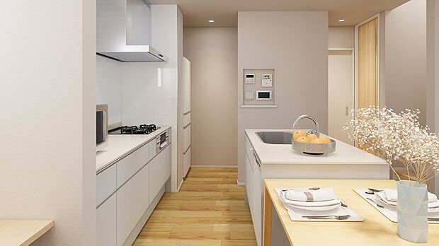 【完成予想図(内観)】■3号地キッチン(パース) キッチンには食器洗浄乾燥機を設置。スイッチひとつで乾燥まで完了するので、家事の負担が減らせます。キッチンの奥にはキッチンクロークも備えています。