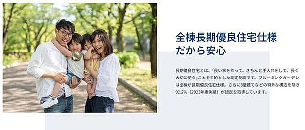 長期優良住宅とは、良い家を作って、きちんと手入れをして、長く大切に使うことを目的とした認定制度です。ブルーミングガーデンは全棟が長期優良住宅仕様。