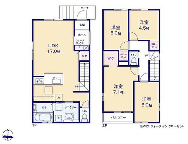 【4LDK】折下天井仕様の約１７帖のリビング♪
居室は４部屋あり、お子様一人一人にお部屋が与えられます☆
大きな荷物も収納可能なウォークインクローゼット付き♪
日当たり良好な南側バルコニー♪