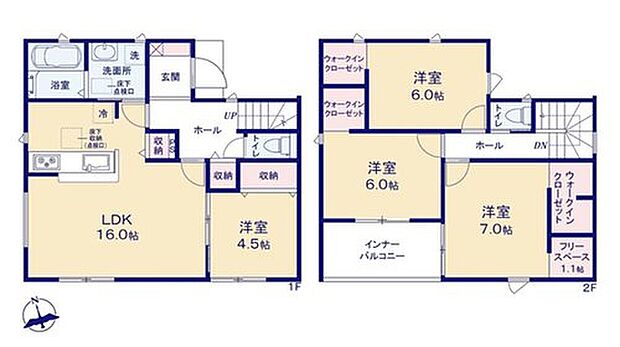 【4LDK】南向きの約１６帖リビング♪
LDKと約４．５帖の洋室を一体できる人気の間取り♪
２階全室にWICがあり、各居室にも収納スペース充実♪
雨の日も安心のインナーバルコニー仕様♪