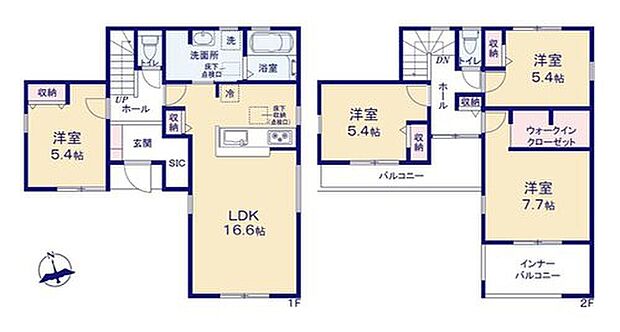 【4LDK】南向きの約１６．６帖リビング♪
リビングから独立した洋室は客間としても最適♪
SICやWICがついて、各所にも収納充実♪
雨の日も安心のインナーバルコニー仕様♪