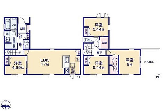 【4LDK】対面式キッチン仕様の約１７帖リビング♪
LDKと洋室を一体できる人気の間取り♪
WICがあり、各所・各居室にも収納スペース完備♪
陽当り良好な東側ワイドバルコニー♪