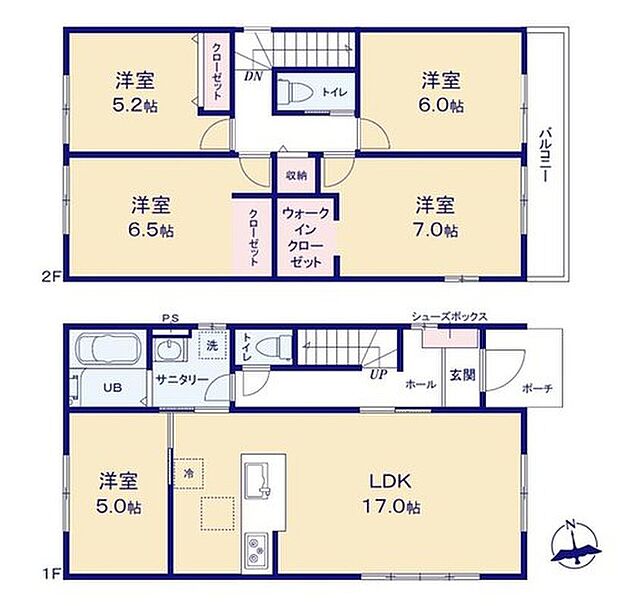 【5LDK】採光良好な明るい約１７帖広々リビング♪
WICがあり、各所・各居室にクローゼットを配置し収納豊富♪
２階４部屋あり、お子様ひとりひとりにお部屋を与えられます♪
２部屋からアクセスできるバルコニー！