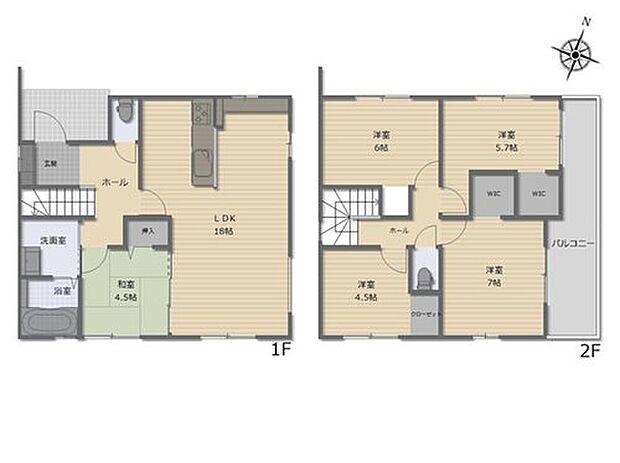 【5LDK】対面式キッチン仕様の約１８帖リビング♪
リビングに隣接したホッと落ち着く約４．５帖の和室♪
WICがあり、各所・各居室にも収納スペース完備♪
２部屋から出入りできる陽当り良好な東側バルコニー♪