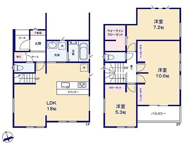 【4LDK】対面式キッチン仕様の約１８帖リビング♪
約１０．６帖の主寝室は２部屋に分けられます♪
WICがあり、各所・各居室に収納スペース充実♪
日当たり良好な南側バルコニー♪