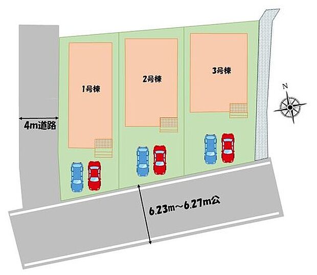 【全体区画図】１号棟　２，４９０万円
２号棟　２，５９０万円
３号棟　２，５９０万円

