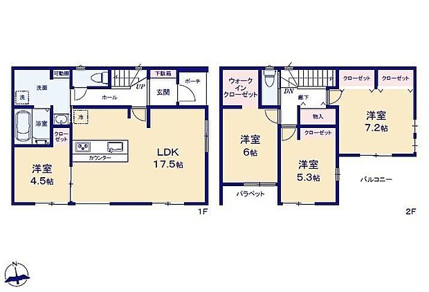 【4LDK】対面式キッチン仕様の約17.5帖リビング♪
LDKと洋室を一体できる人気の間取り♪
WICがあり、各所・各居室にも収納スペース充実♪
南側バルコニーは日当たり良好♪