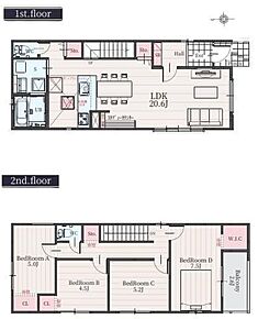 対面式キッチン仕様の約２０．６帖のリビング♪
２階４部屋あり、お子様一人一人にお部屋が与えられます♪
WICがあり、各所にクローゼットを配置し収納豊富！
奥行を広めに取った南側バルコニー♪ 