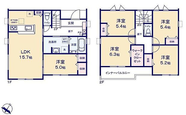 【5LDK】対面式キッチン仕様の約１５．７帖リビング♪リビングに隣接した洋室はお子様のお昼寝場所にも◎♪WICがあり、各所・各居室にも収納スペース完備♪天候の変化にも安心な南側インナーバルコニー♪