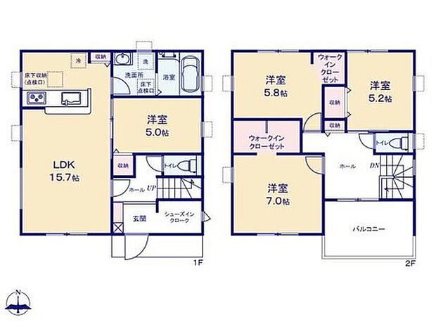 【4LDK】対面式キッチン仕様の約１５．７帖リビング♪
LDKと洋室を一体できる人気の間取り♪
WICやSICがあり、各所・各居室にも収納スペース完備♪
陽当り良好な南向きワイドバルコニー♪
