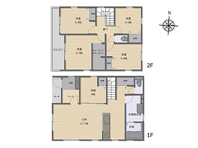 対面式キッチン仕様の開放的なリビング♪居室５部屋あり、使用用途多数♪WICがあり、各所・各居室にも収納スペース充実♪陽当り良好なルーフバルコニー♪ 