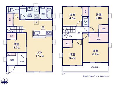 対面式キッチン仕様で南向き約１７．７帖リビング♪
LDKと洋室を一体できる人気の間取り♪
WICがあり、各所・各居室にも収納充実♪
２部屋から出入りできる陽当り良好な南側バルコニー♪ 