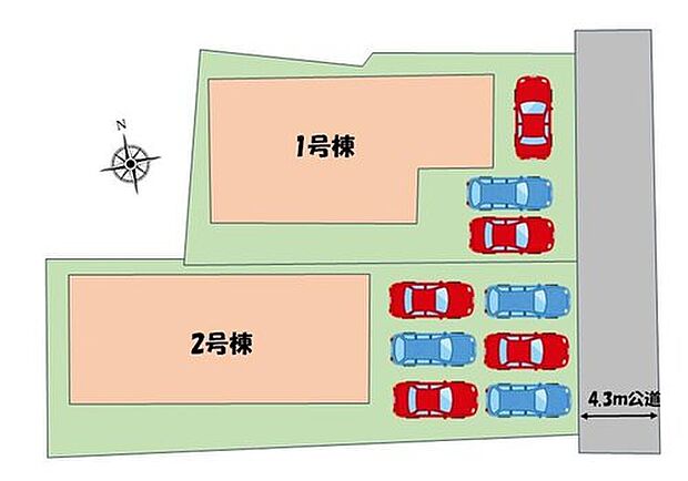 【全体区画図】駐車３～６台可能☆
１号棟　２，４８０万円
２号棟　２，２９９万円

