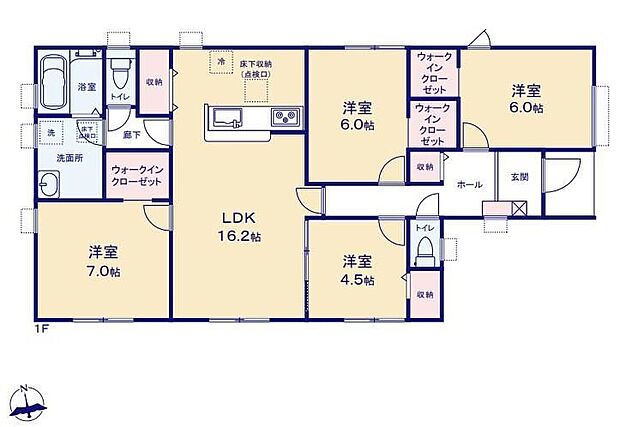 【4LDK】暮らしやすい動線が魅力的な平屋建て♪対面式キッチン仕様の約１６．２帖リビング♪居室４部屋あり、お子様ひとりひとりにお部屋を与えられます♪WICがあり、各所・各居室にも収納充実♪