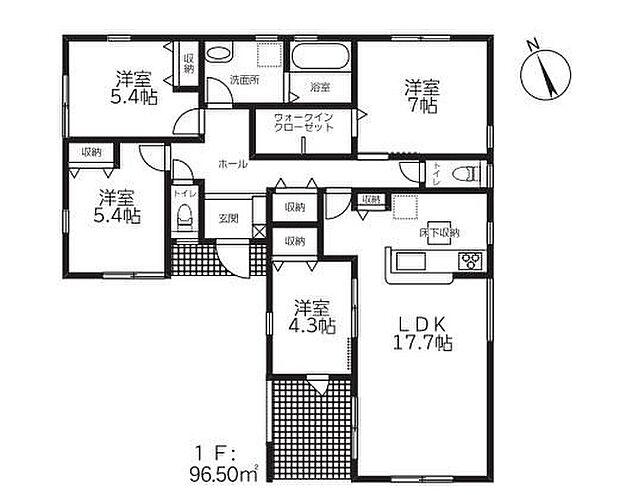 【4LDK】人気の平屋住宅♪南向き対面式キッチン仕様の約17.7帖リビング♪LDKと洋室を一体できる人気の間取り♪WICがあり、各所・各居室にも収納スペース完備♪