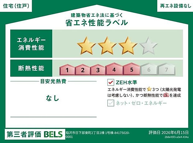 【省エネ性能ラベル】こちらの物件はZEH水準を満たした、省エネ性能に優れた物件です。光熱費を抑えて暮らすことができるだけでなく、「熱の入りにくさ・逃げにくさ」という観点でも影響を受けにくい建物のため、長く快適にお過ごしいただけます♪※本ラベルは特定の住戸の性能を示すものであり、全ての住戸の性能を示すものではありません。