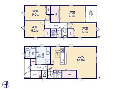 対面式キッチン仕様の約18.帖超広々としたリビング♪LDKと洋室を一体できる人気の間取り♪全居室や廊下の「あったら嬉しい」収納が生活空間をスッキリ♪雨の日でも安心なインナーバルコニーは陽当たりも良好♪ 