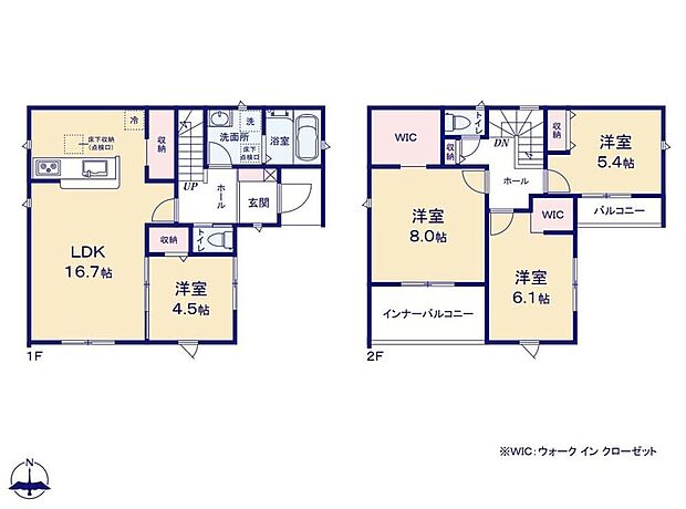 【4LDK】16.7帖の広々LDKに隣接した洋室は客間やお子様の遊び場等多用途に活躍♪2カ所のWICがあり、各所・各居室にも収納スペース充実♪インナーバルコニー付きで天候を気にせず洗濯物を干せます♪