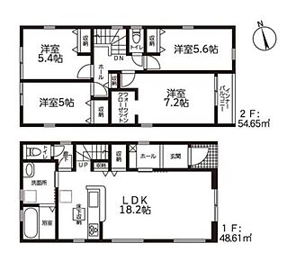 洋室を2階に集約し、プライバシーにも配慮した間取りプラン♪
WIC、ホール収納などが備わり、空間がすっきり片付きやすいお住まい♪
効率的でストレスのない家事動線。水回りが集中しており、移動がスムーズ♪ 