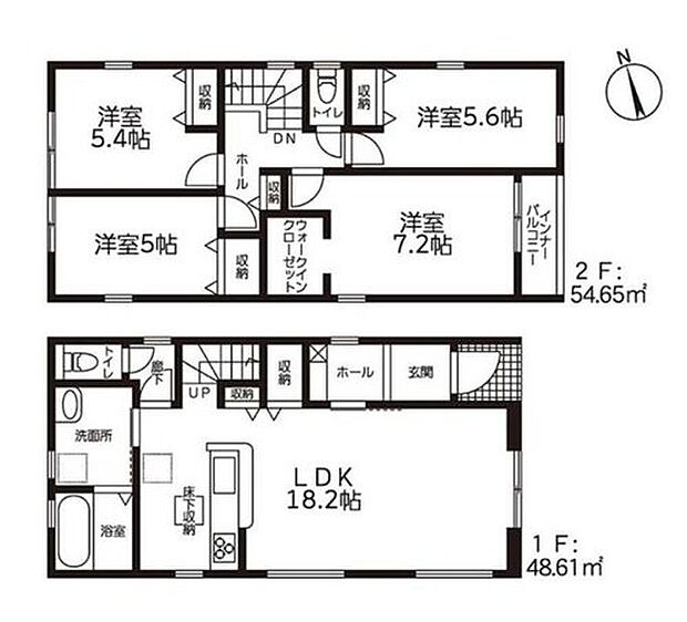 【4LDK】洋室を2階に集約し、プライバシーにも配慮した間取りプラン♪
WIC、ホール収納などが備わり、空間がすっきり片付きやすいお住まい♪
効率的でストレスのない家事動線。水回りが集中しており、移動がスムーズ♪