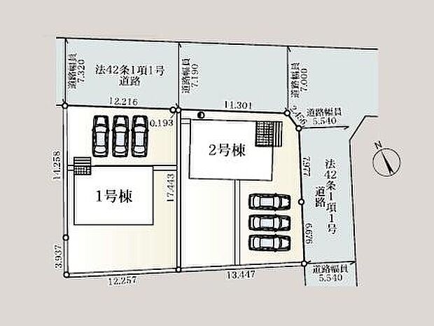 【区画図】
開放感あふれる北東角地の全2棟♪ゆとりの敷地面積約66坪、お車並列で3台駐車可能です◎