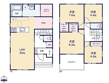 ２０帖の広いリビングは家族のだんらんはもちろん、お子様のリビング学習にもぴったり♪
家事効率の向上、ＬＤＫの美化、多目的に利用可能な家事室を配置♪
ホールクロークも完備☆
 